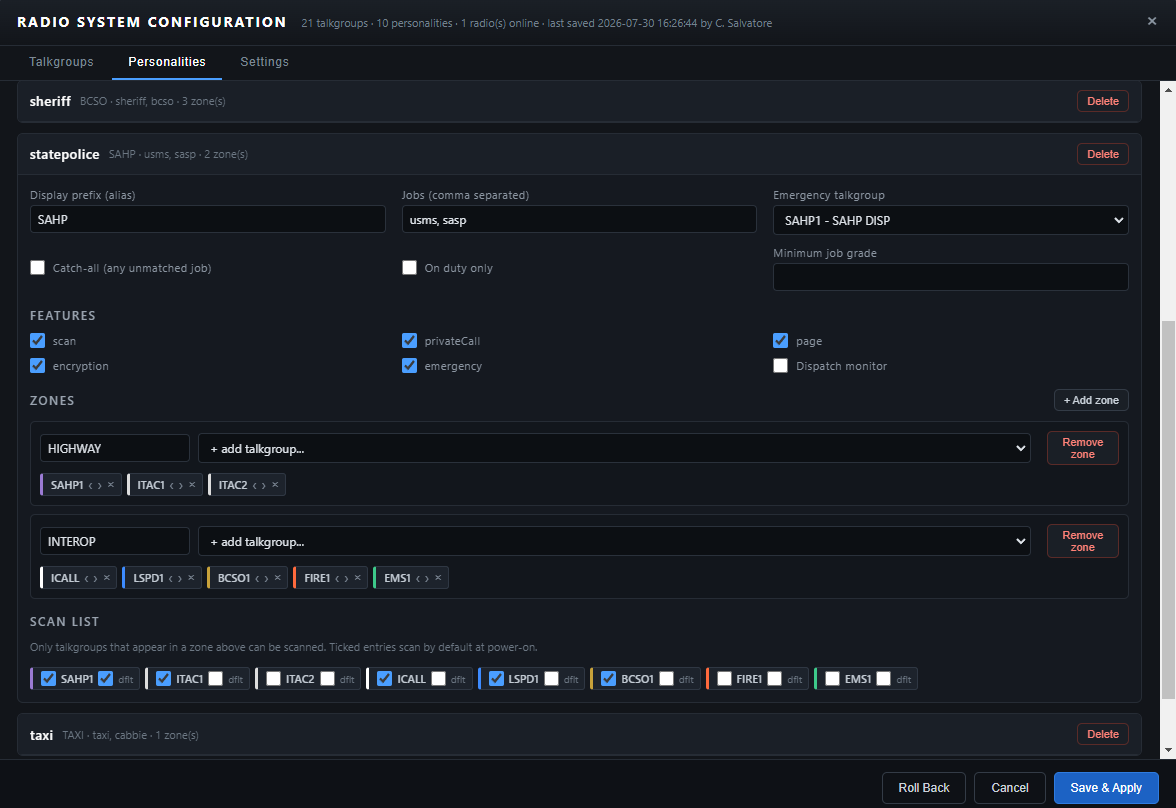Personalities tab showing the state police personality with job list, feature toggles, two zones and a scan list, with sheriff and taxi personalities collapsed above and below.