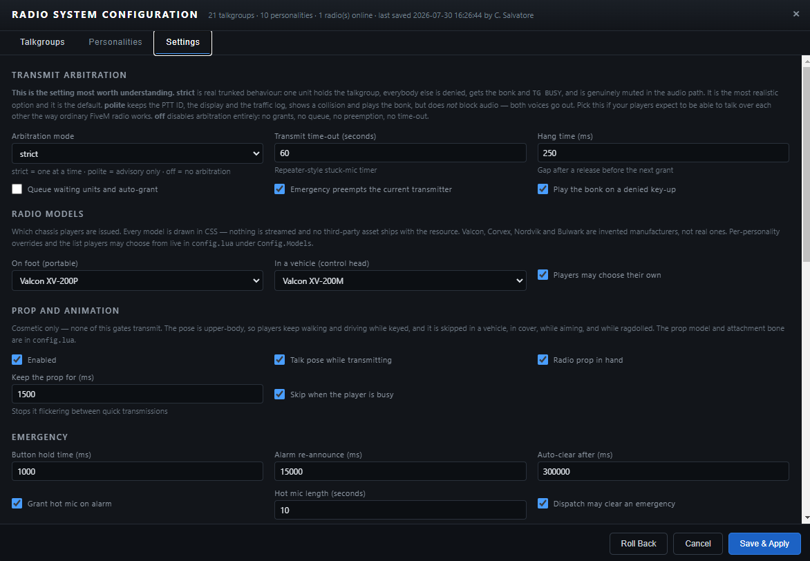 Settings tab showing transmit arbitration mode, timeouts, radio model selection, prop and animation options and emergency timings.