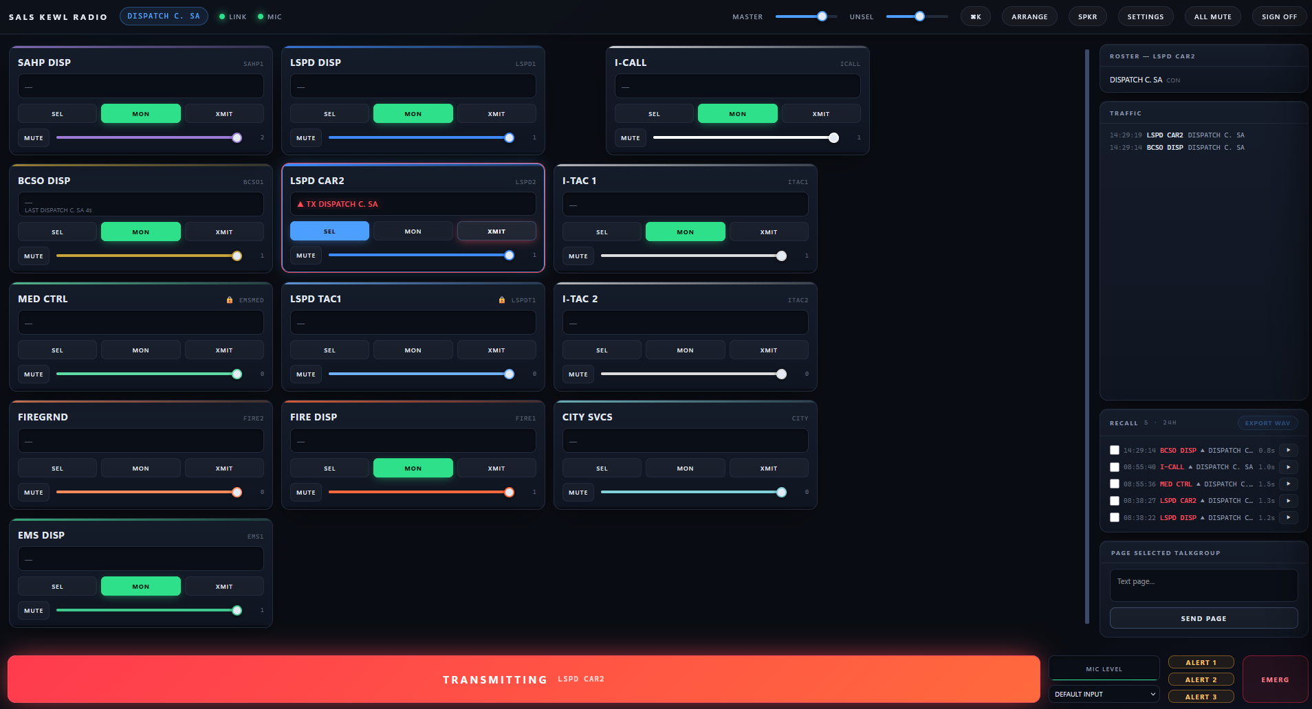 Browser dispatch console showing thirteen talkgroup modules with select, monitor and transmit controls, a roster and traffic log, a call recall list with playback, a paging box, and a transmitting banner across the bottom.