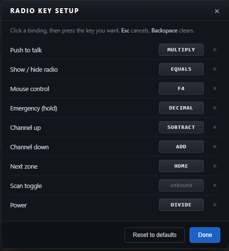 Radio key setup dialog listing nine rebindable actions including push to talk, emergency, channel up and down, and power.