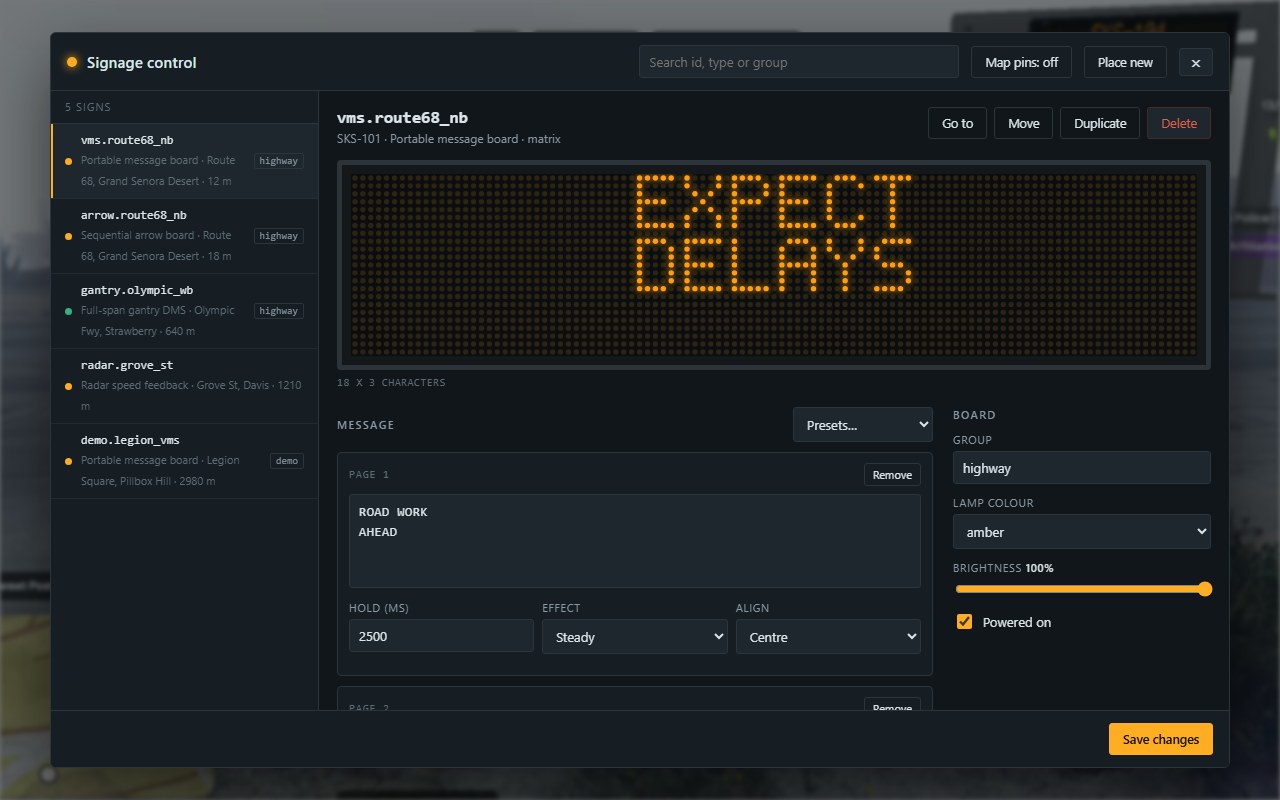 The signage editor panel over gameplay: a list of signs, a live amber LED preview reading EXPECT DELAYS, message page fields and board properties.