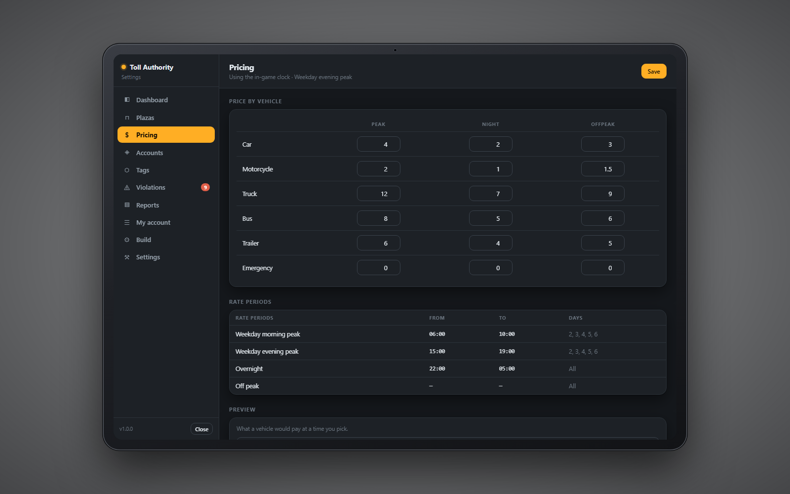 The Pricing tab: a grid of prices by vehicle class against peak, night and off-peak columns, the rate periods listed underneath with their times and days, and a preview row that reports what a chosen class pays at a chosen time.