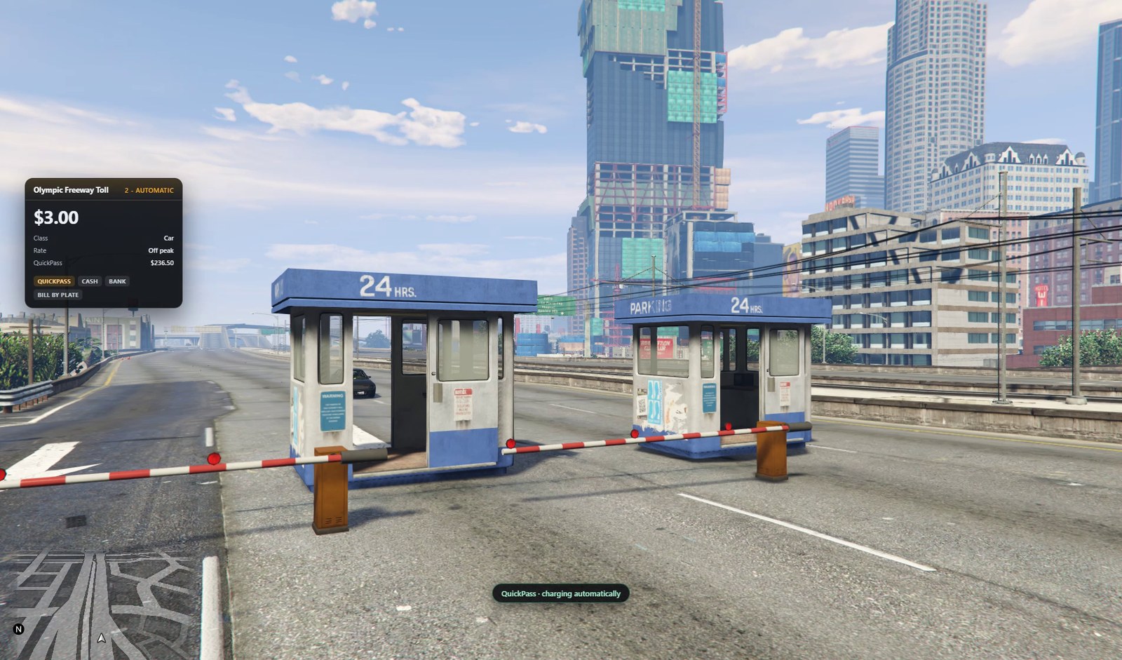 The approach card over the game: Olympic Freeway Toll, lane four, automatic, three dollars, class Car, rate Off peak, QuickPass balance, with buttons for QuickPass, cash, bank and bill by plate.
