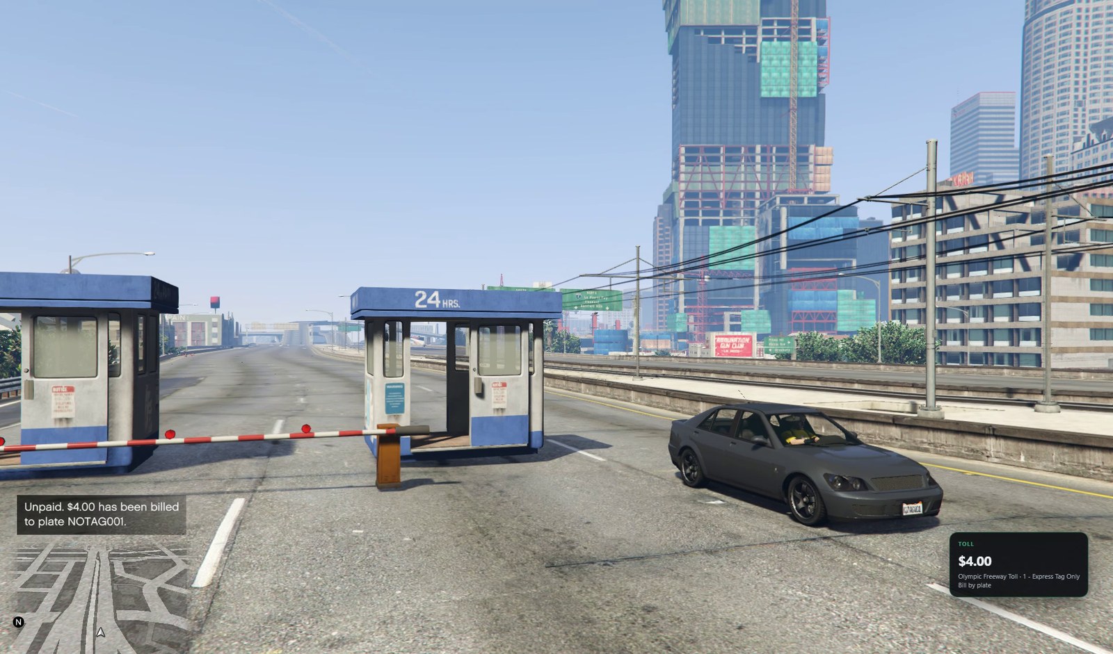 A car leaving the open express lane of the toll plaza; a notification reads Unpaid, three dollars has been billed to plate NOTAG001, with a receipt card marked bill by plate.